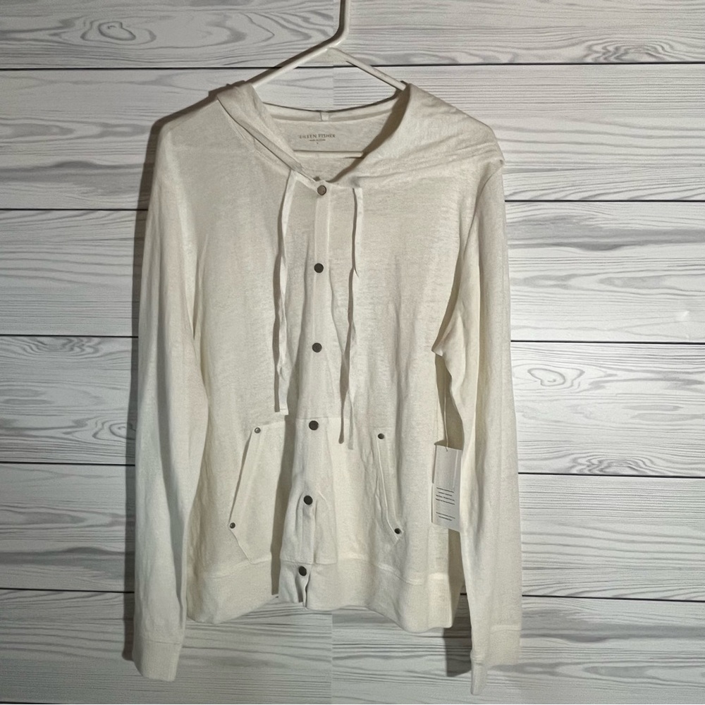NWT Eileen Fisher Linen Hooded Button Up Sweater Large Cream